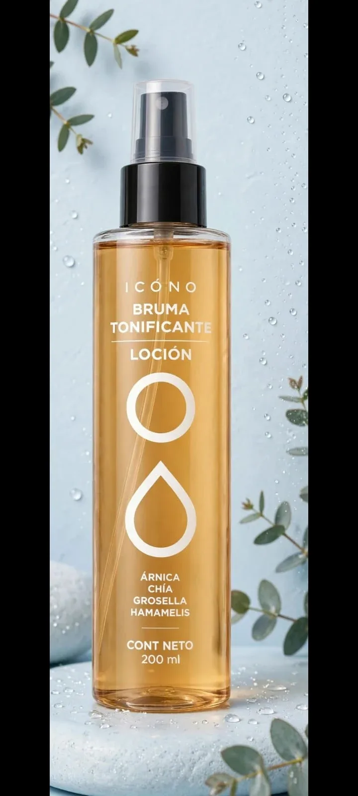 Frasco ámbar con atomizador de bruma tonificante facial Icono con árnica, chía, grosella y hamamelis, 200 ml