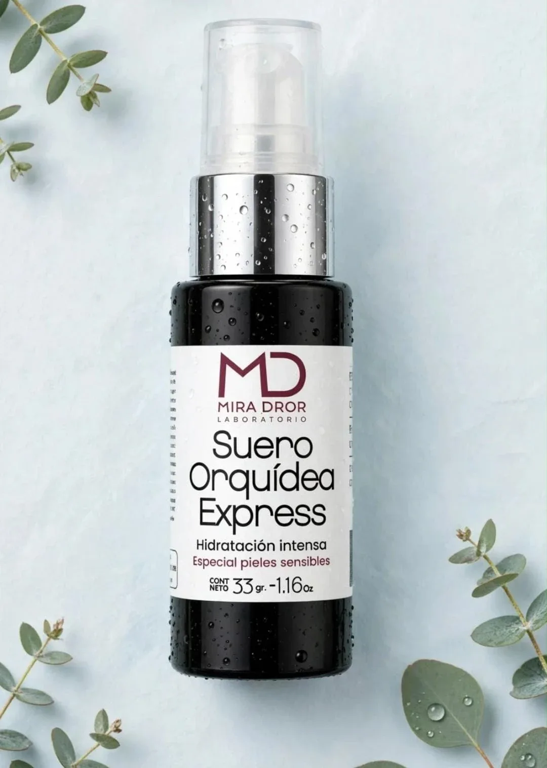 Frasco negro con dosificador de Suero Orquídea Express de Mira Dror, hidratación intensa, 33 g