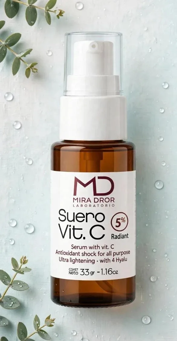 Frasco ámbar con dosificador de Suero Vitamina C 5% Radiant de Mira Dror, serum aclarante, 33 g